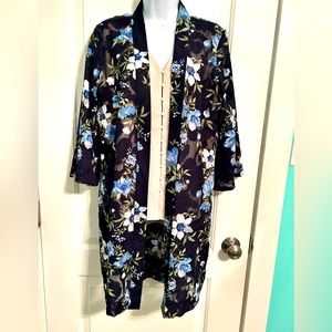 Tamara H. Floral Burnout Collarless 3/4 Sleeve Kimono Blue M